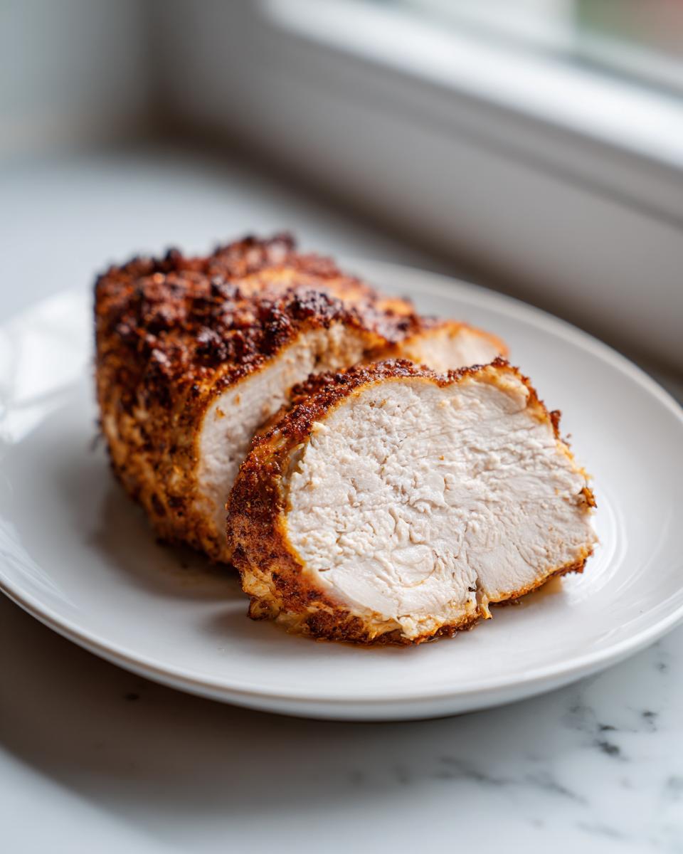 Cross-section of perfectly cooked, juicy air fryer chicken breast showing white meat and a crispy seasoned crust.
