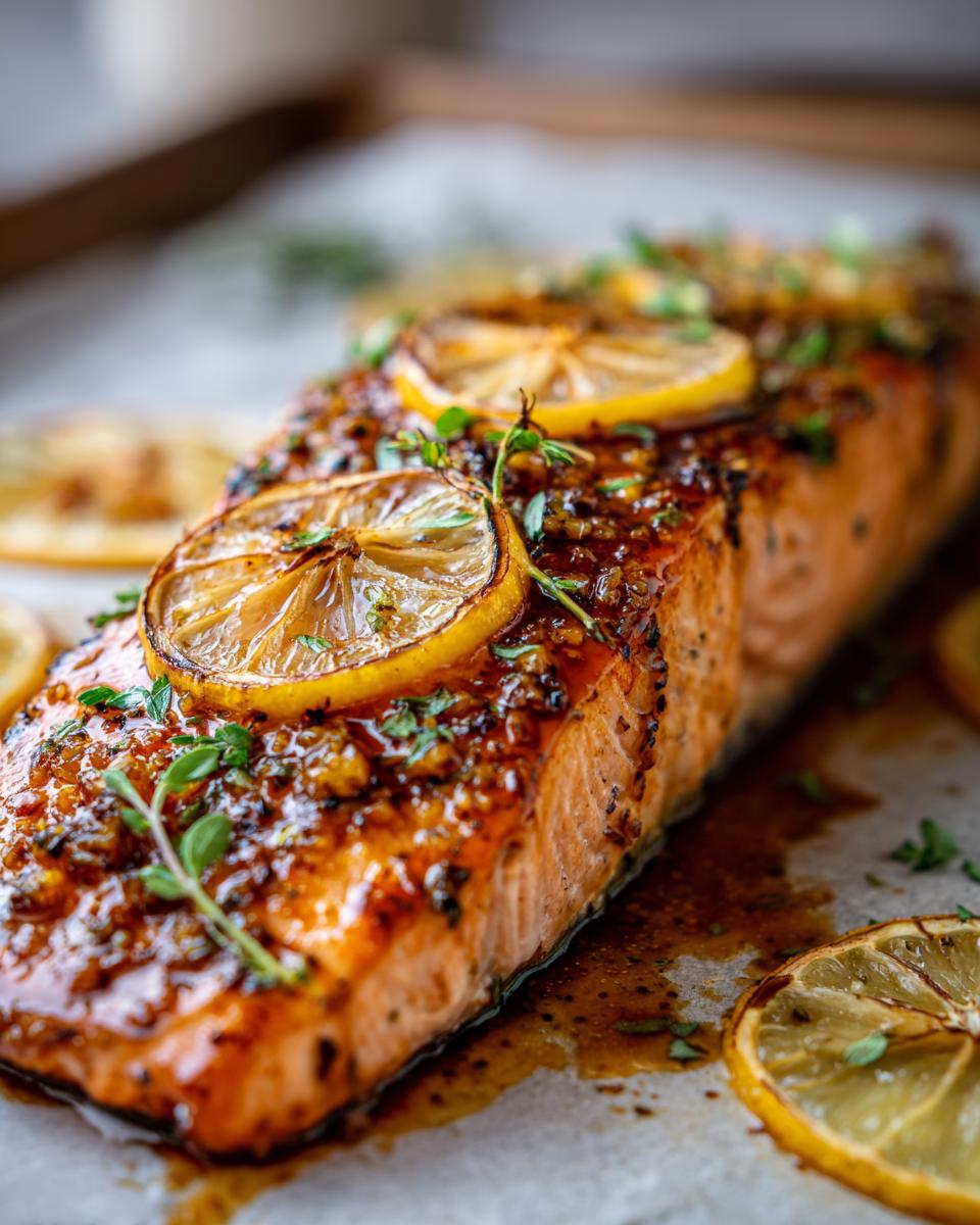 Close-up of a perfectly cooked, glazed baked salmon recipe fillet topped with caramelized lemon slices and fresh thyme.