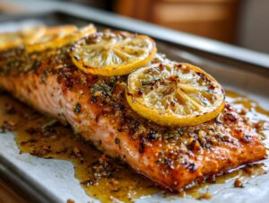 Close-up of a perfectly cooked, juicy baked salmon recipe fillet topped with caramelized lemon slices and herbs.