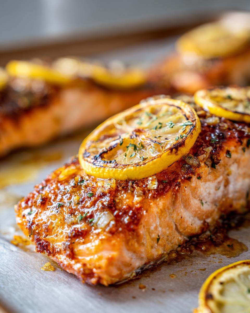 Close-up of a perfectly cooked piece of baked salmon recipe topped with a charred lemon slice and herbs.