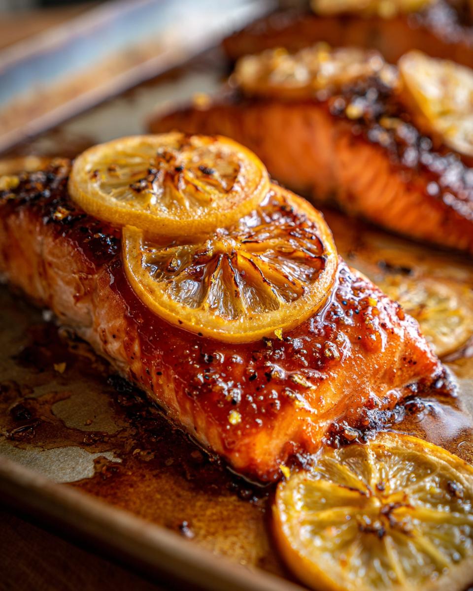 Close-up of a perfectly cooked baked salmon recipe fillet glazed with a dark sauce and topped with caramelized lemon slices.