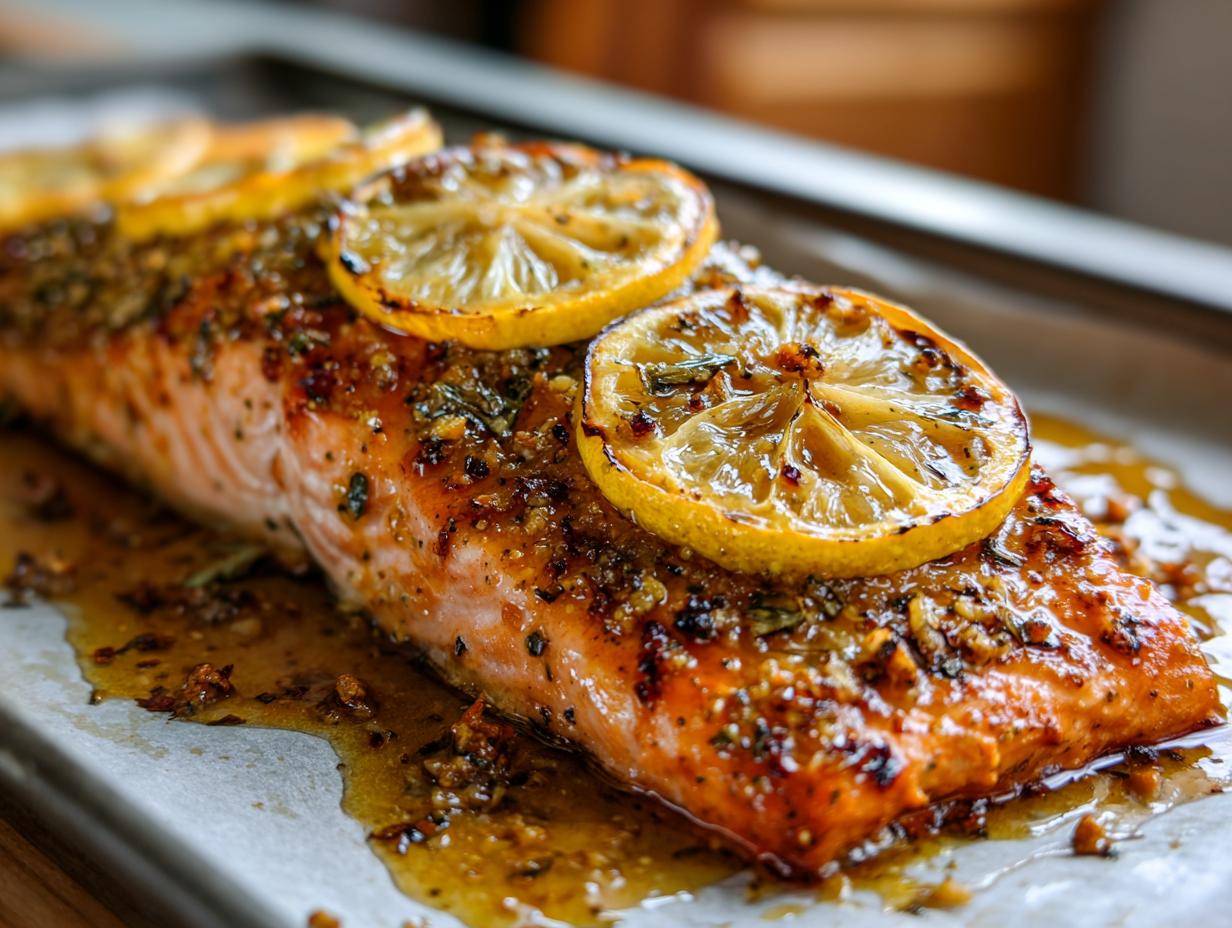 Close-up of a perfectly cooked, juicy baked salmon recipe fillet topped with caramelized lemon slices and herbs.