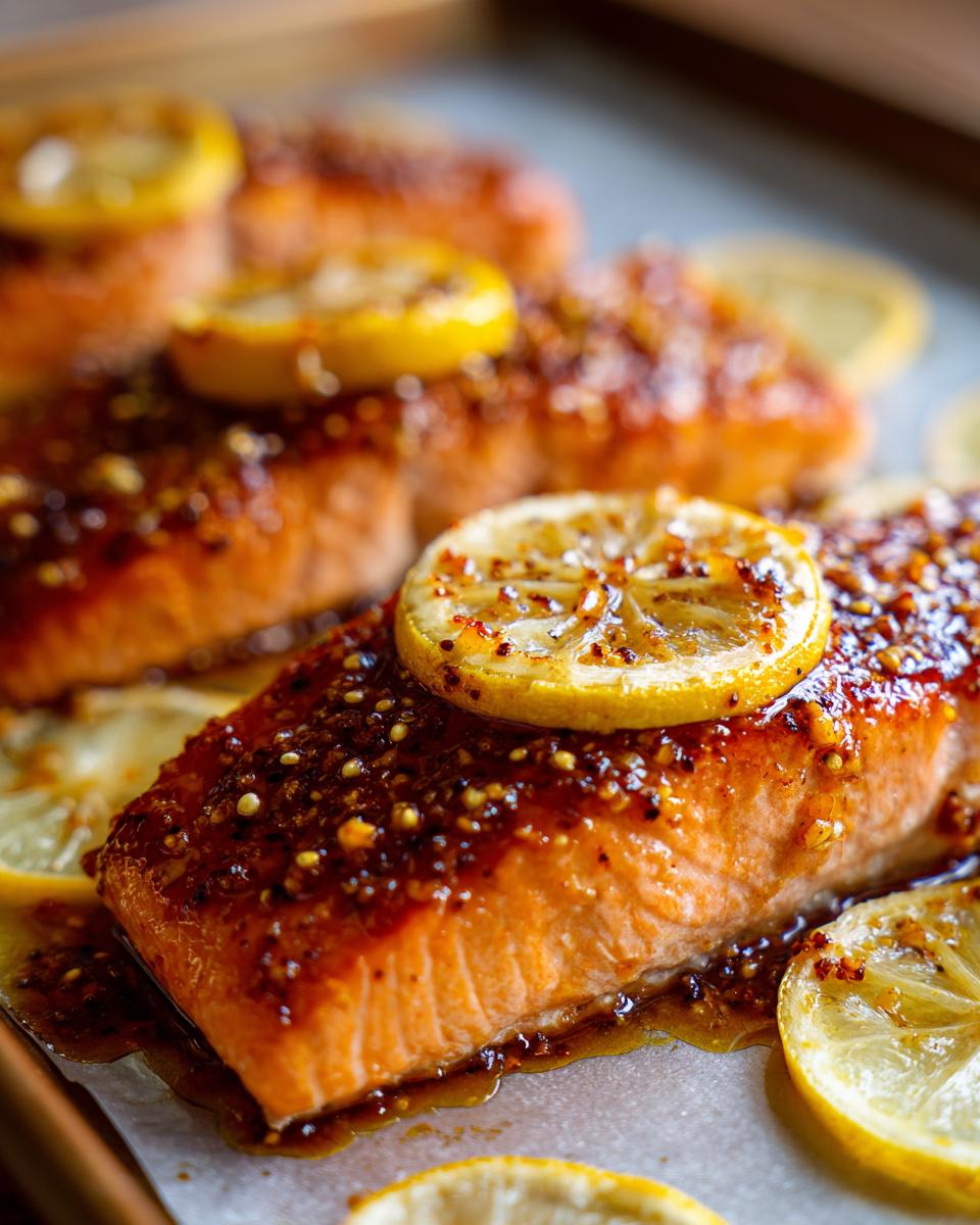 Close-up of a juicy baked salmon recipe fillet topped with a whole grain mustard glaze and a lemon slice.