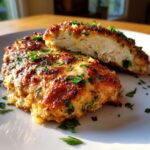 Close-up of a perfectly cooked caesar chicken breast, sliced to show moist interior and cheesy, browned topping.