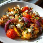 Close-up of juicy greek chicken pieces mixed with roasted red onion, tomatoes, and topped with crumbled feta cheese.