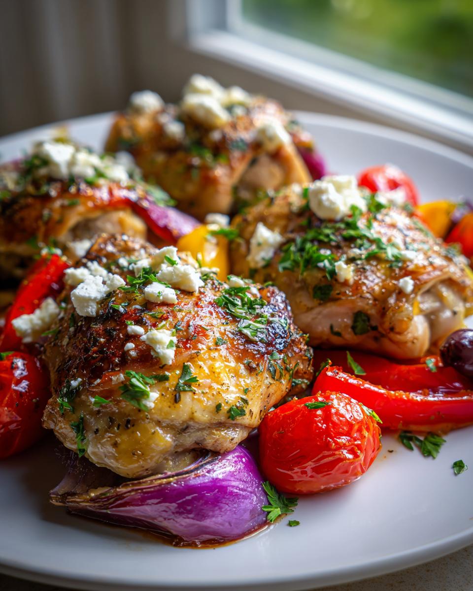 Four pieces of juicy Greek chicken topped with crumbled feta and parsley, served with roasted red peppers and onions.