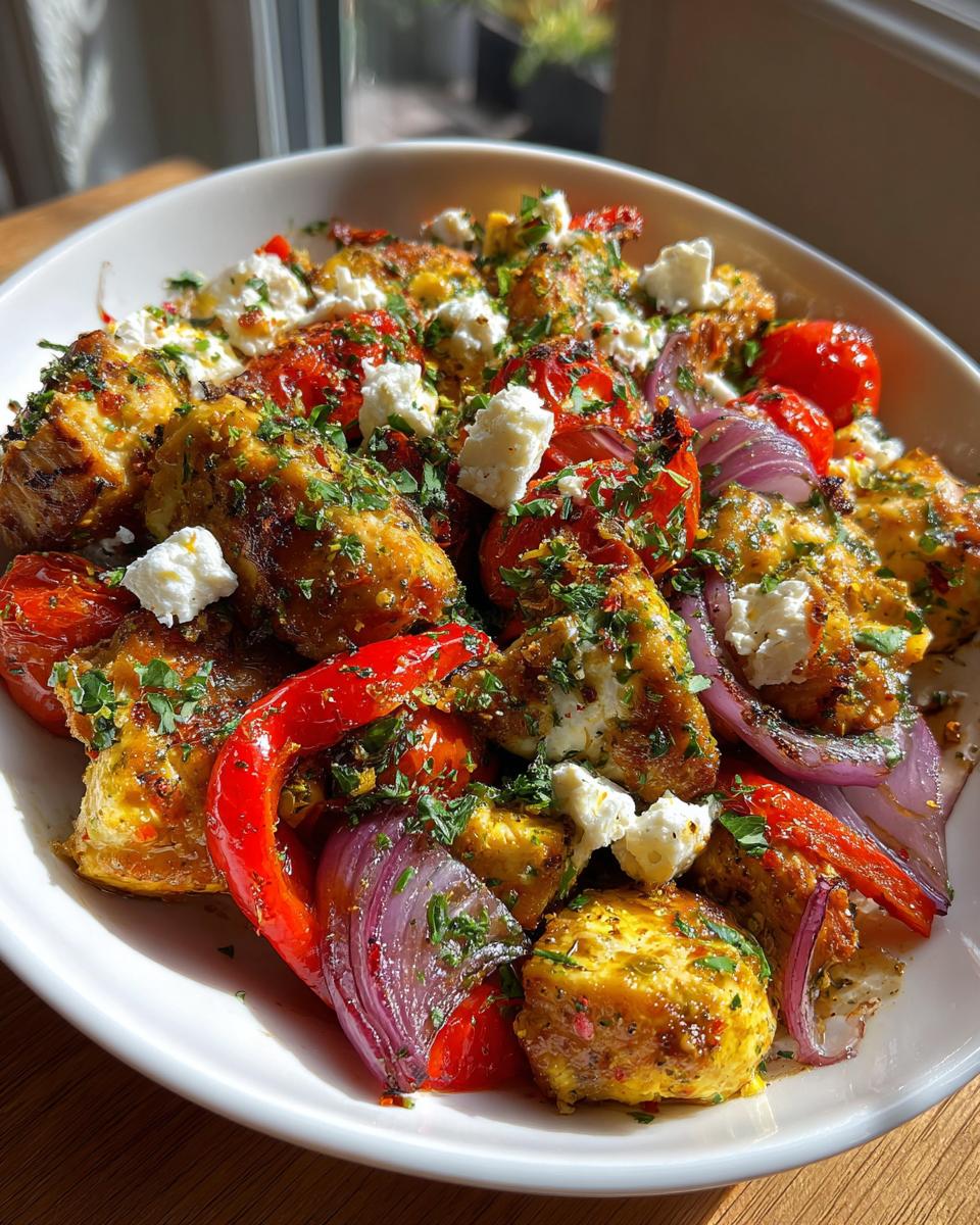 A white bowl filled with seasoned, roasted greek chicken pieces, red onions, peppers, tomatoes, and feta cheese.