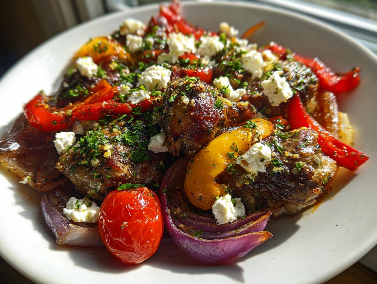 Close-up of juicy Greek chicken pieces topped with crumbled feta, herbs, roasted peppers, onions, and tomatoes.