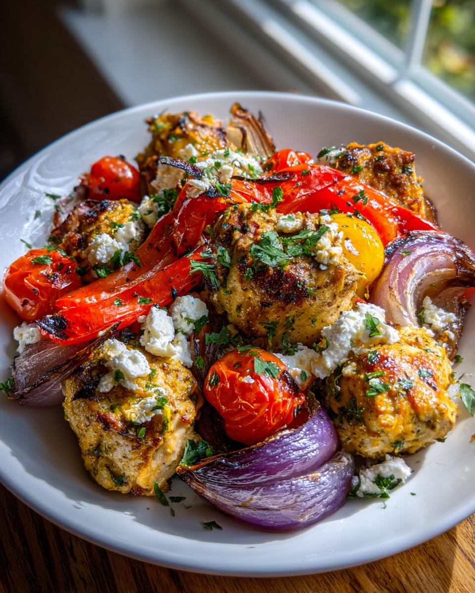 Close-up of juicy greek chicken pieces served with roasted red onions, peppers, tomatoes, and crumbled feta cheese.