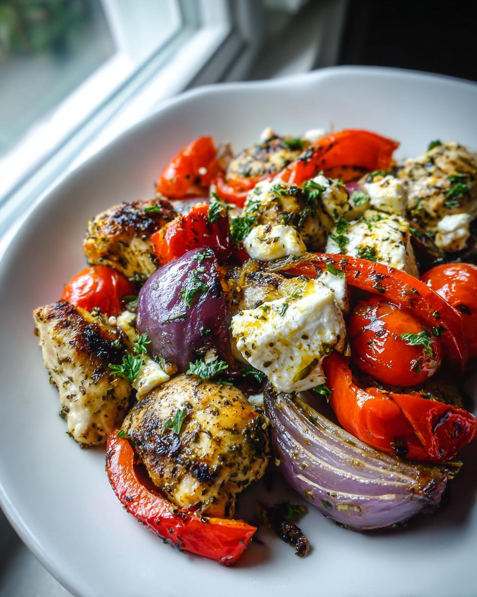 Close-up of juicy greek chicken pieces mixed with roasted red peppers, onions, tomatoes, and chunks of feta cheese.