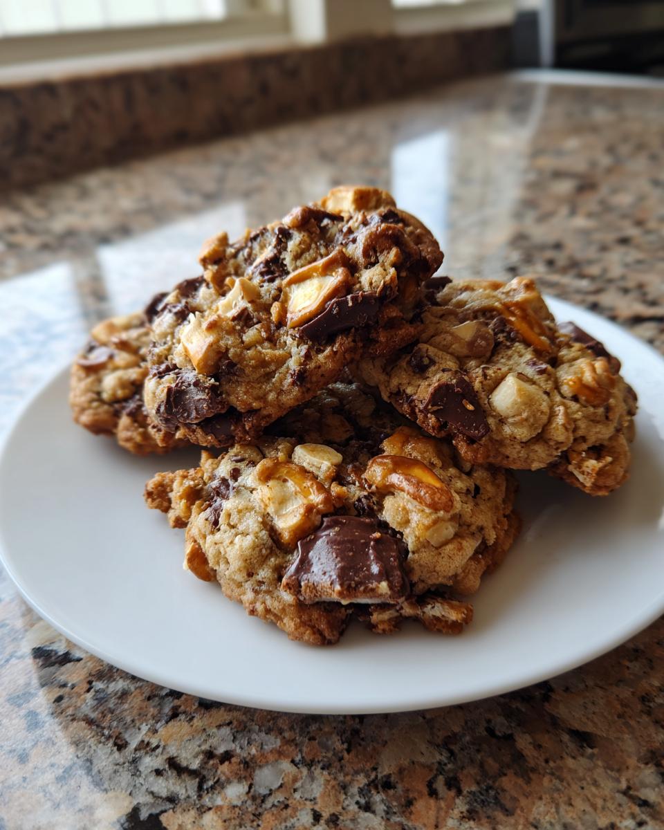 A stack of freshly baked kitchen sink cookies loaded with chocolate chunks and pretzels on a white plate.