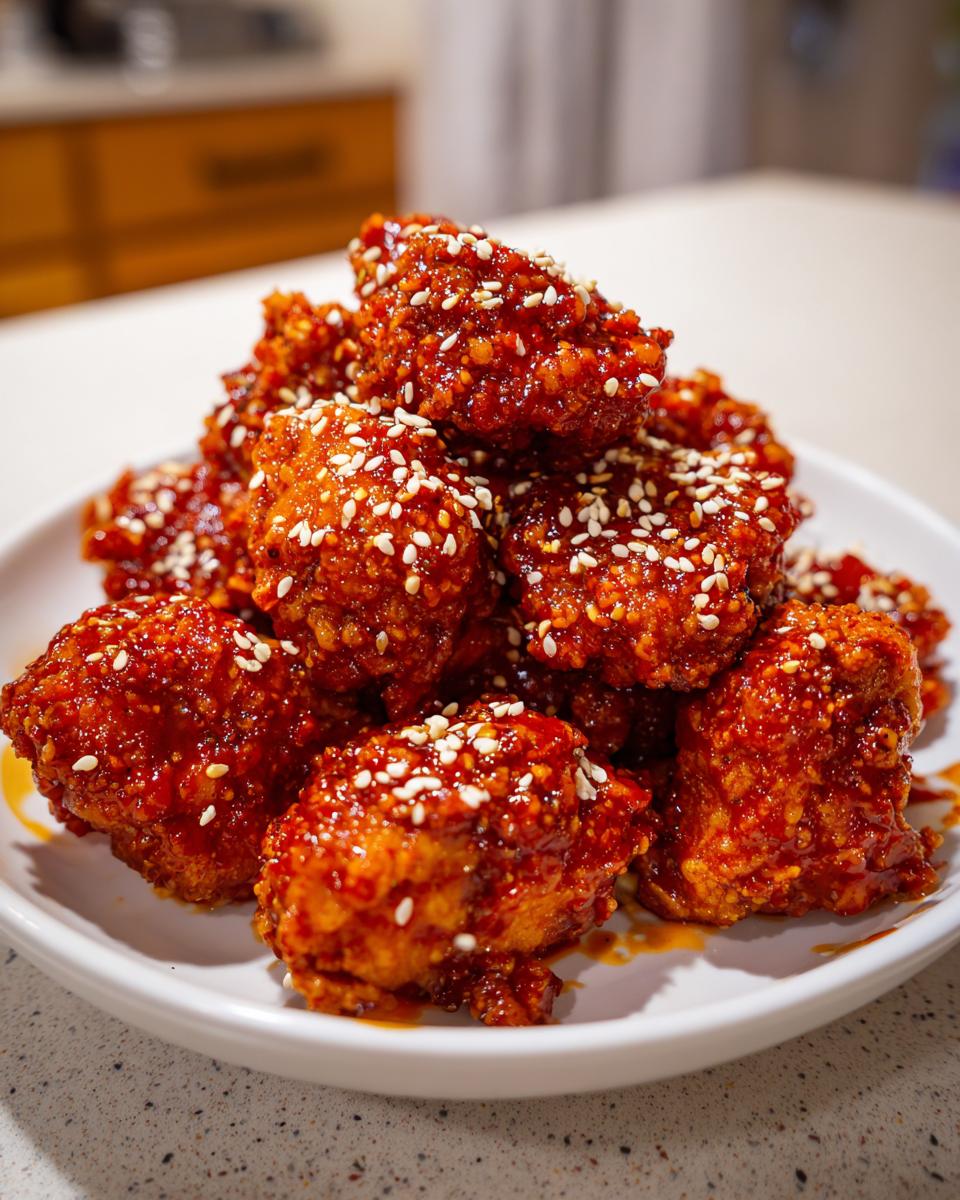 A mound of glossy, red-sauced korean fried chicken pieces sprinkled with white sesame seeds.