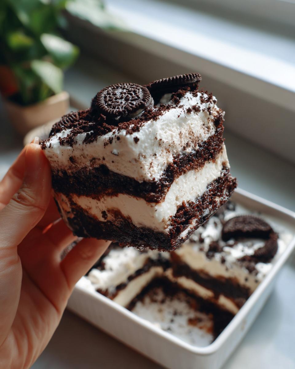 A hand holding a thick slice of layered dirt cake featuring dark chocolate layers and white cream, topped with cookie crumbles.