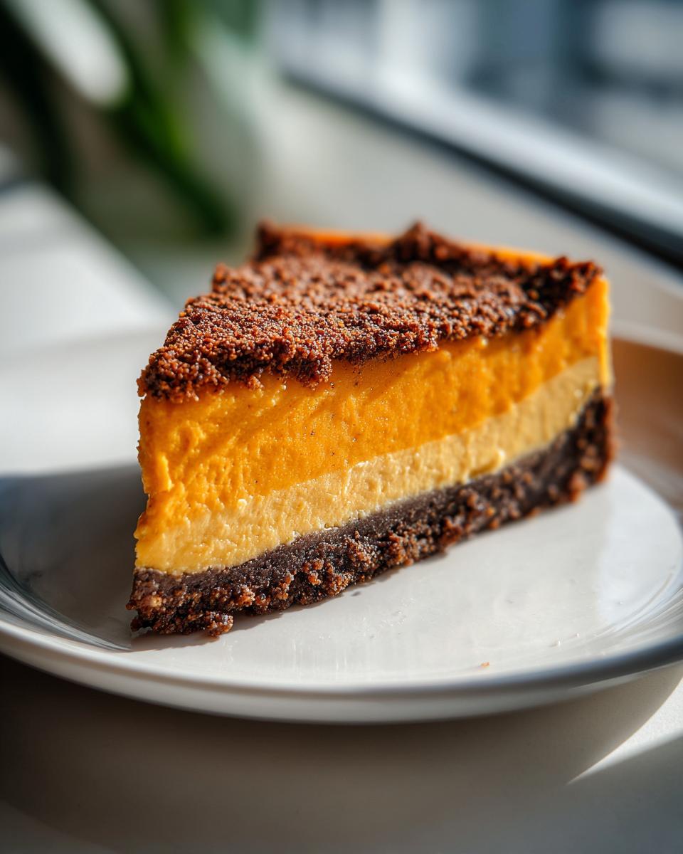 A delicious slice of layered sweet potato cheesecake featuring a dark crust, two shades of orange filling, and a crumb topping.