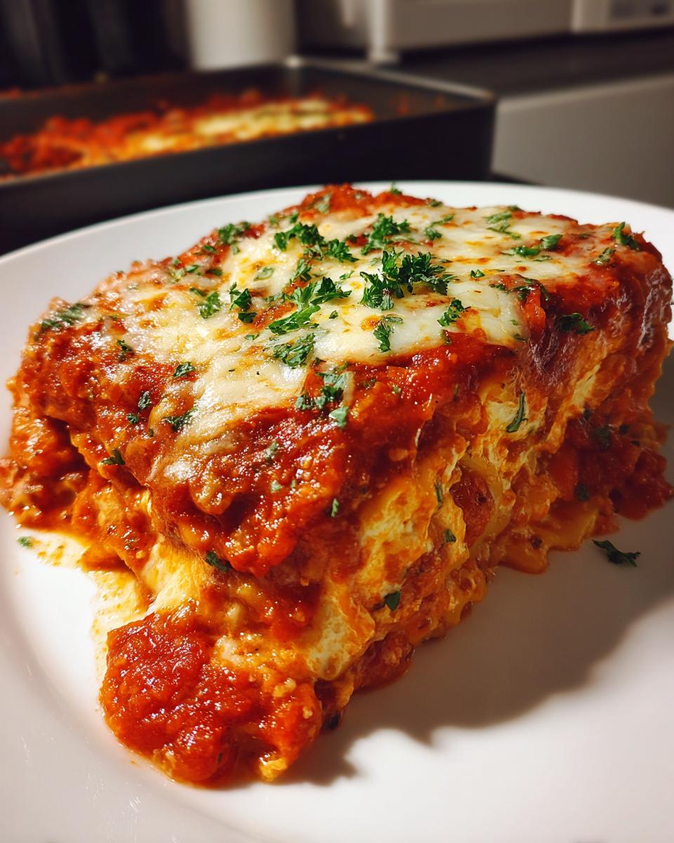 Close-up of a thick slice of lazy lasagna covered in rich tomato sauce and melted mozzarella, garnished with parsley.