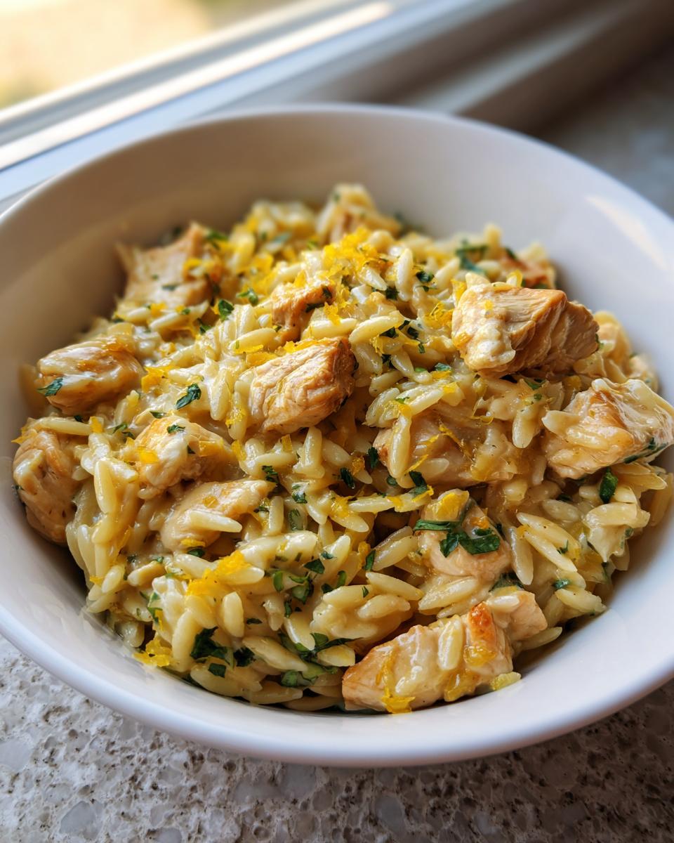 A close-up of a white bowl filled with creamy lemon chicken orzo, topped with lemon zest and parsley.