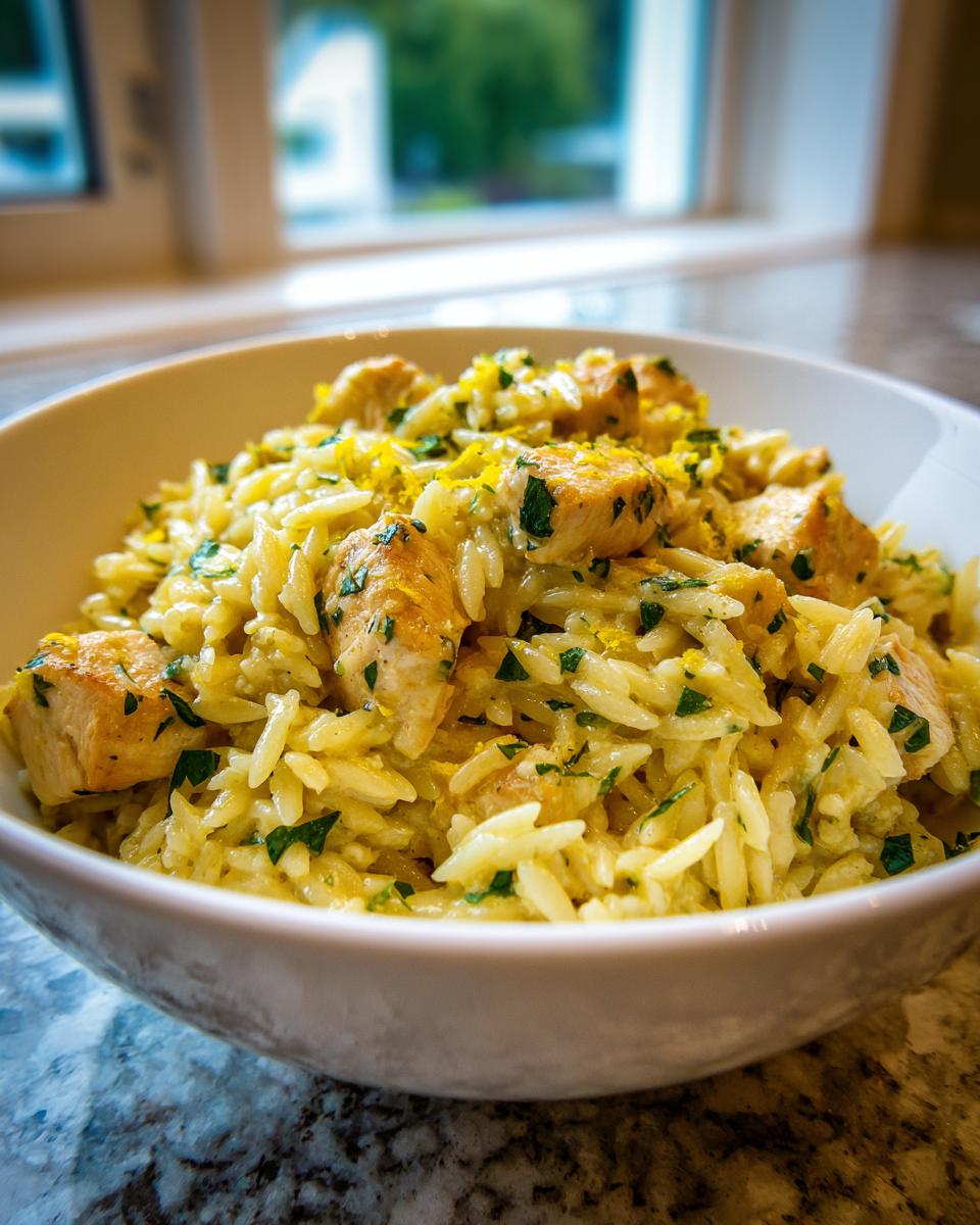 Close-up of a white bowl filled with creamy lemon chicken orzo pasta topped with fresh parsley.