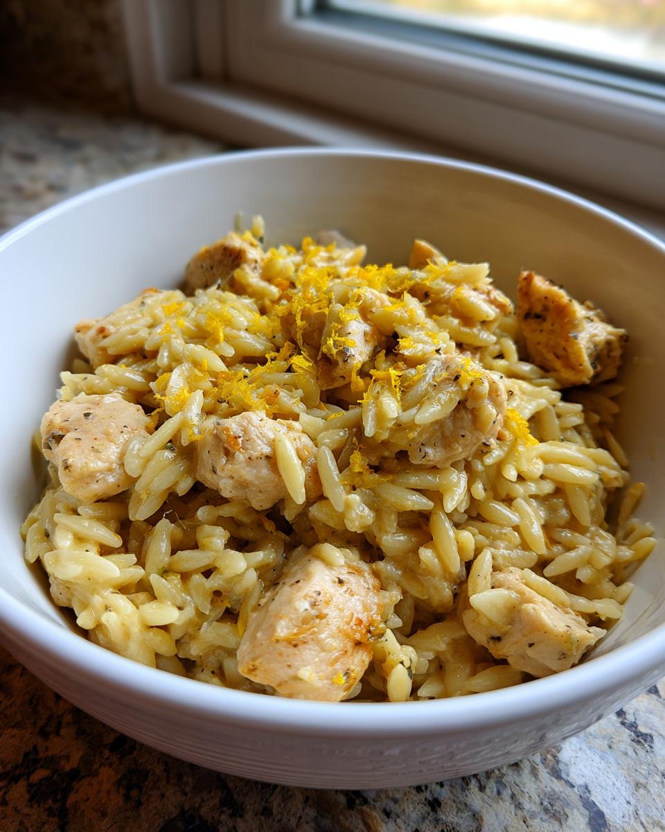A close-up of a white bowl filled with creamy lemon chicken orzo, topped with bright yellow lemon zest.