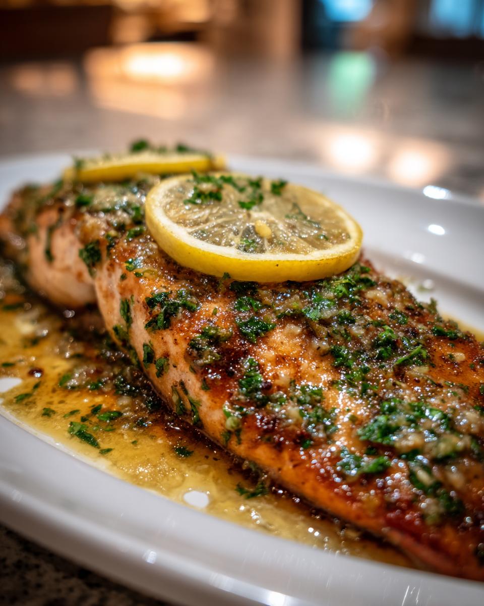Close-up of a perfectly cooked salmon recipe fillet topped with lemon slices and fresh parsley sauce.