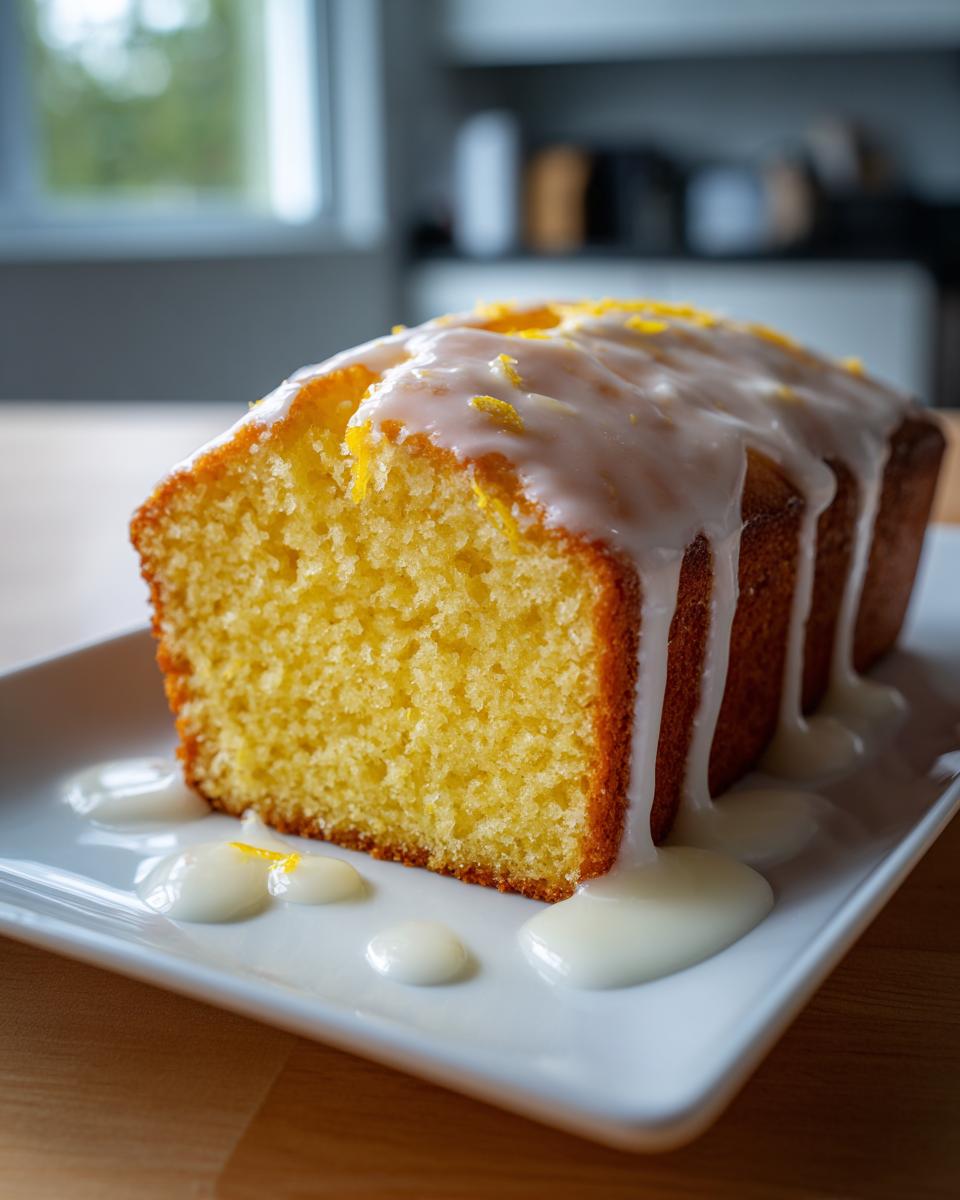 A thick slice of bright yellow lemon loaf cake topped with white glaze and zest, sitting on a white plate.