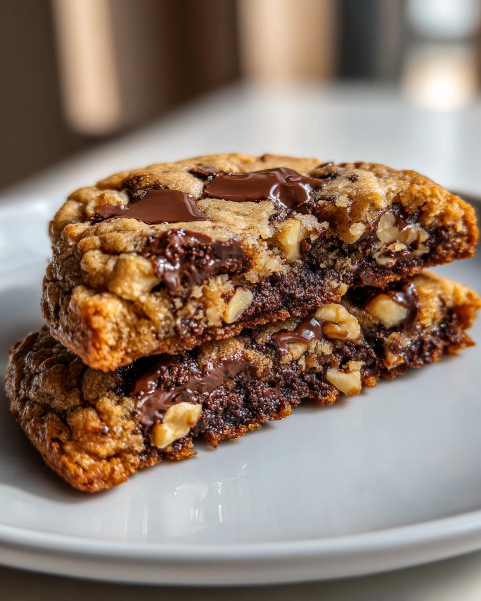 Close-up of levain bakery chocolate chip cookies cut in half, showing melted chocolate and walnuts inside.