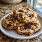 Close-up of three thick, chewy kitchen sink cookies loaded with chocolate chunks, pretzels, and nuts on a white plate.