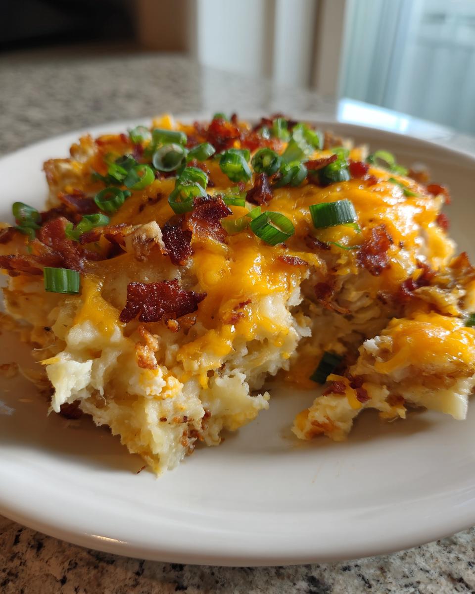 A serving of creamy potato casserole topped with melted cheddar cheese, crispy bacon bits, and fresh green onions.