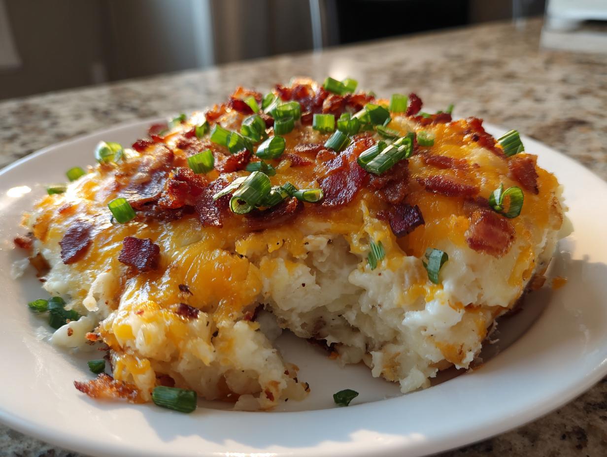 A close-up of a serving of creamy potato casserole topped with melted cheddar cheese, crispy bacon bits, and fresh green onions.