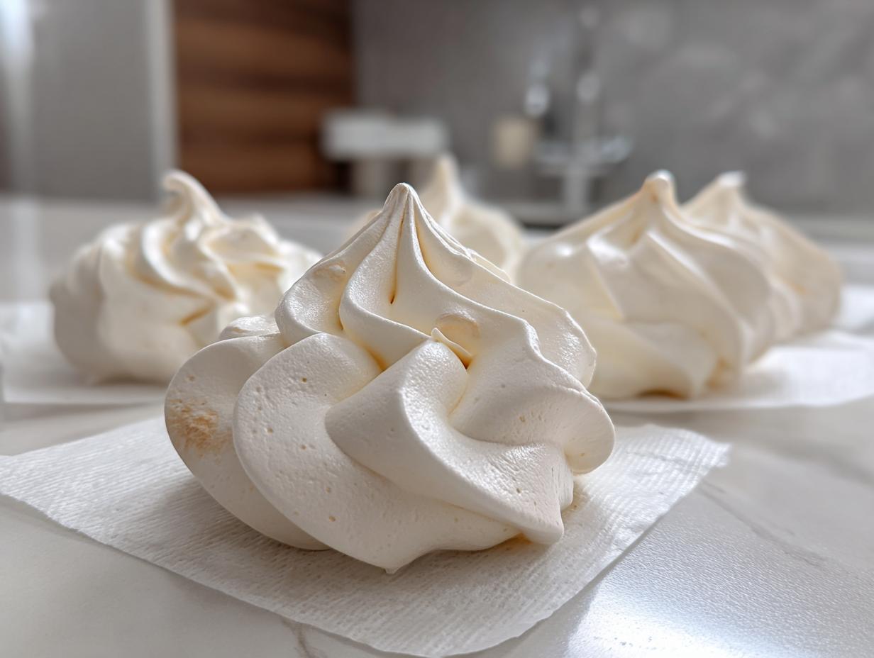 Close-up of perfectly piped, crisp white meringue cookies resting on white paper towels.