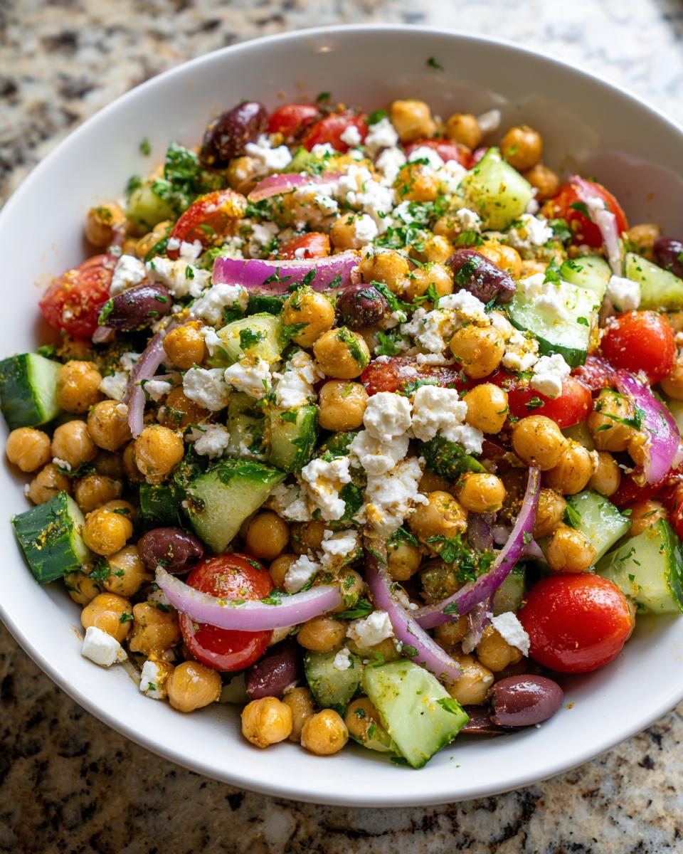 A vibrant bowl of mediterranean chickpea salad featuring chickpeas, cucumbers, tomatoes, olives, red onion, and feta cheese.