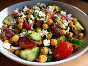 Close-up of a vibrant mediterranean chickpea salad featuring chickpeas, cucumber, tomatoes, olives, and feta cheese.