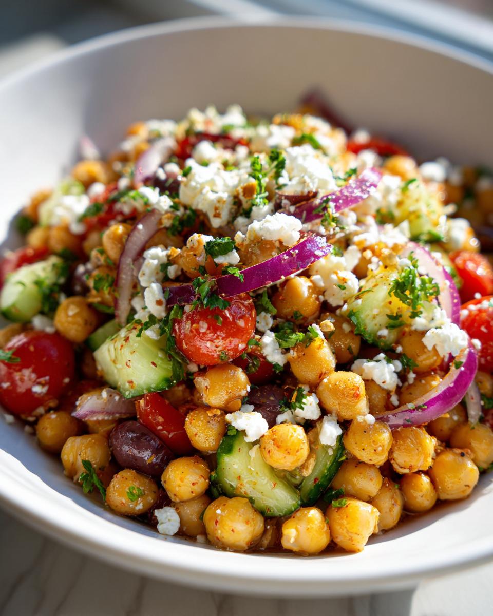 Close-up of a bright mediterranean chickpea salad topped with feta cheese, red onion, and parsley.