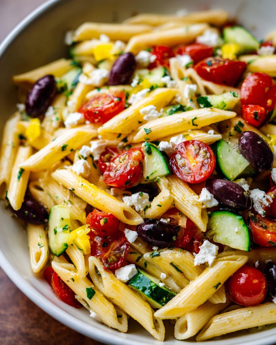 Close-up of a vibrant mediterranean pasta salad featuring penne pasta, cherry tomatoes, cucumbers, feta cheese, and Kalamata olives.