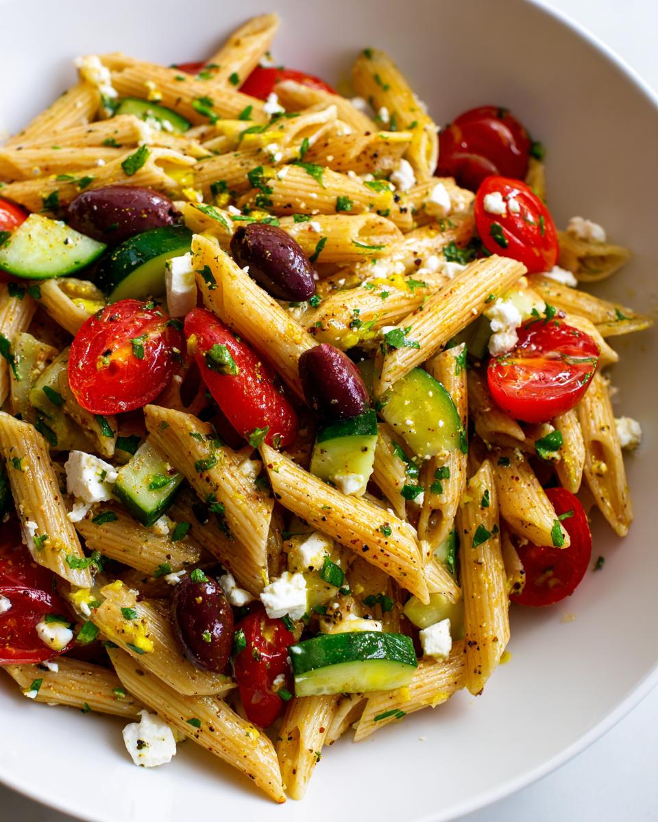 Close-up of a vibrant mediterranean pasta salad featuring penne, cherry tomatoes, cucumbers, Kalamata olives, and feta cheese.