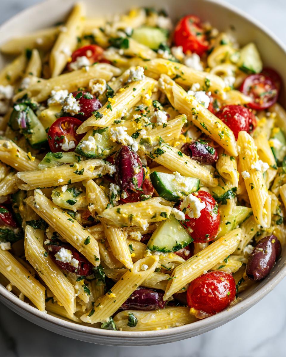Close-up of a bowl filled with vibrant mediterranean pasta salad featuring penne, cherry tomatoes, cucumbers, olives, and feta.