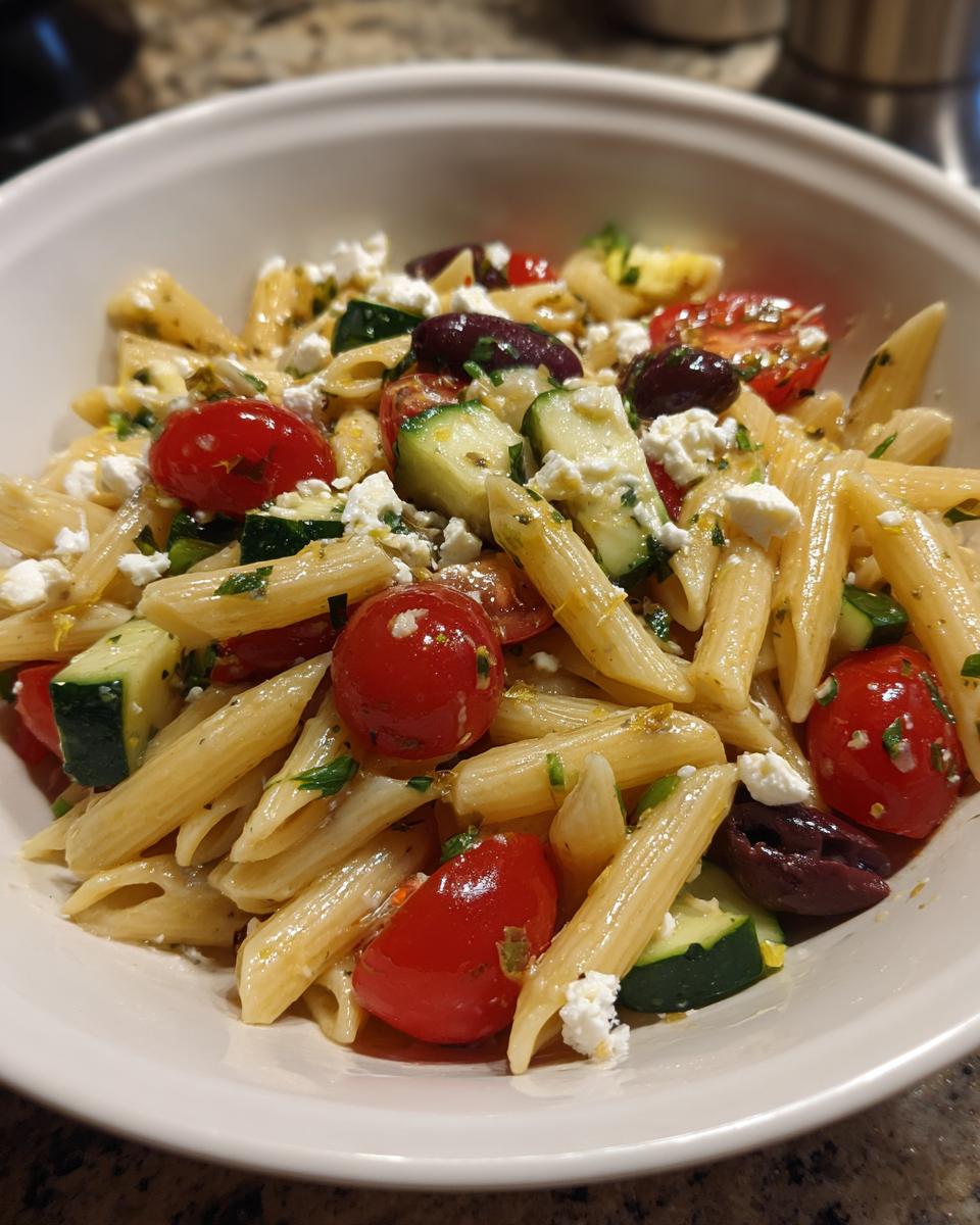 Close-up of a white bowl filled with mediterranean pasta salad featuring penne, cherry tomatoes, cucumber, feta, and olives.