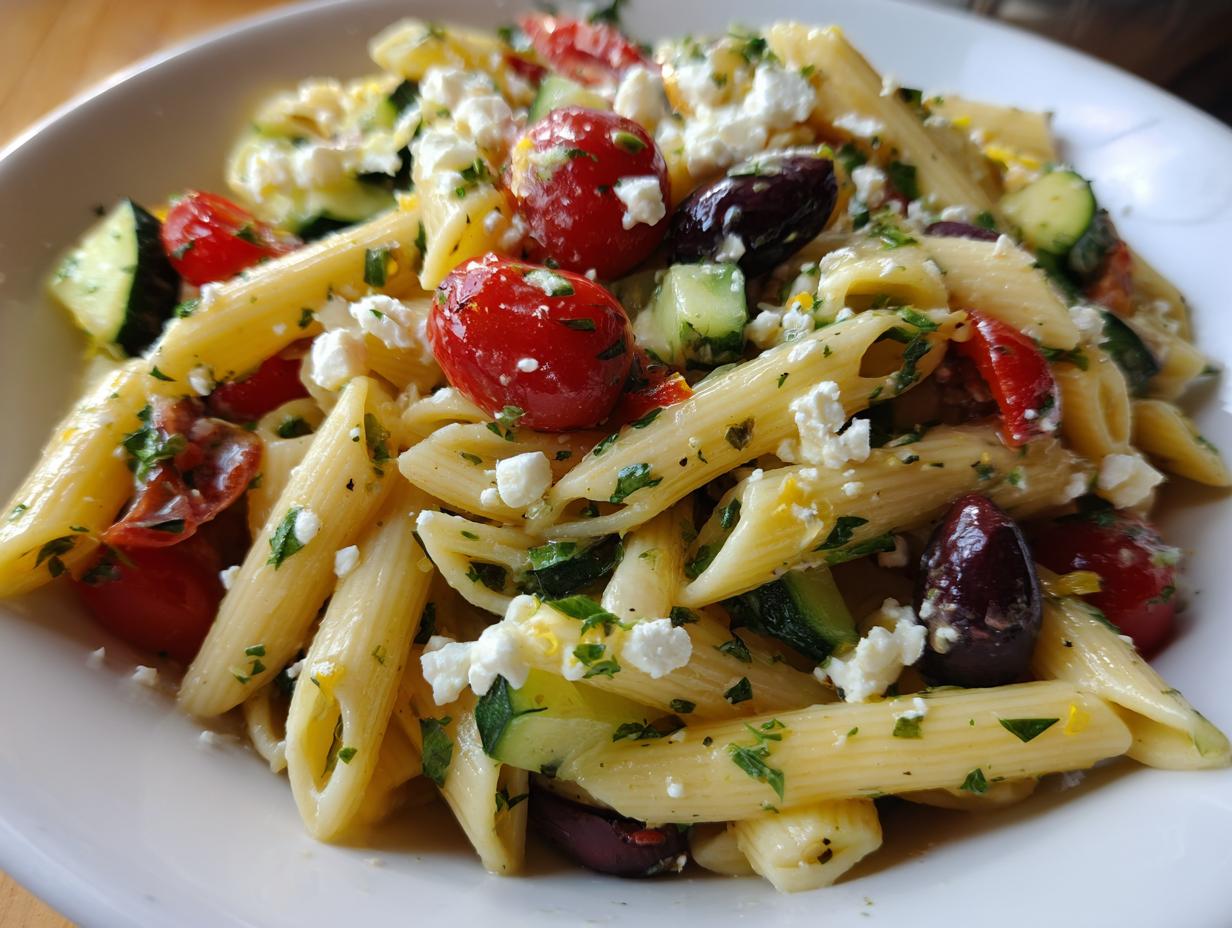 Close-up of a bowl filled with vibrant mediterranean pasta salad featuring penne, cherry tomatoes, zucchini, Kalamata olives, and feta cheese.
