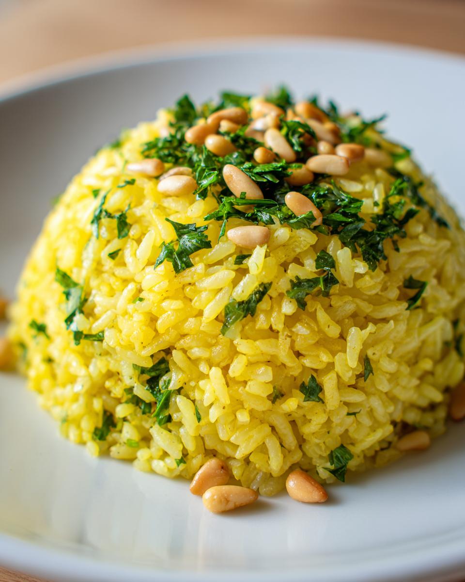 A mound of bright yellow mediterranean rice topped with fresh parsley and toasted pine nuts on a white plate.