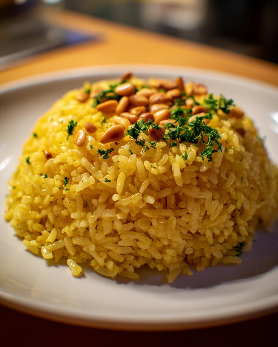 A mound of bright yellow mediterranean rice topped with toasted pine nuts and fresh parsley.