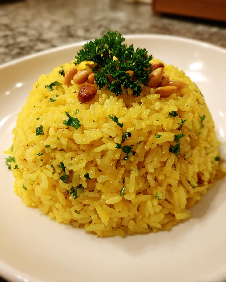 A mound of bright yellow mediterranean rice garnished with toasted pine nuts and fresh parsley on a white plate.