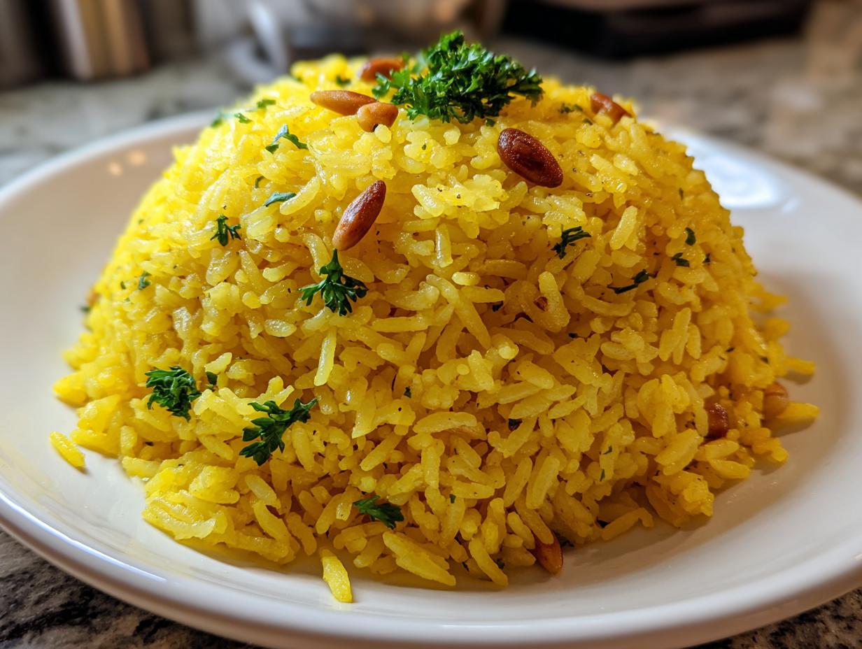 A mound of bright yellow Mediterranean rice garnished with toasted pine nuts and fresh parsley on a white plate.