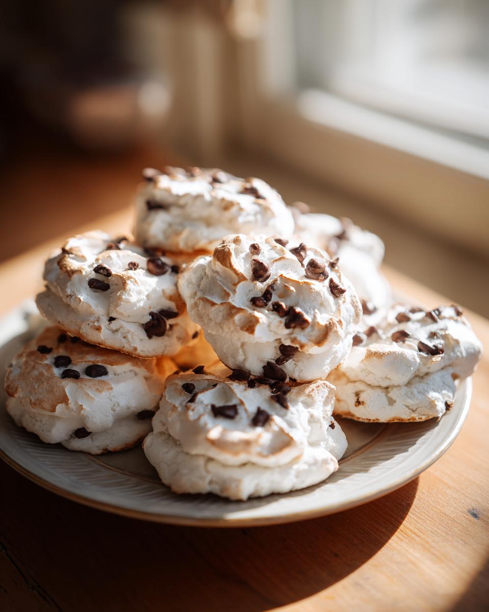 A stack of light, fluffy meringue forgotten cookies topped with mini chocolate chips resting on a neutral plate.