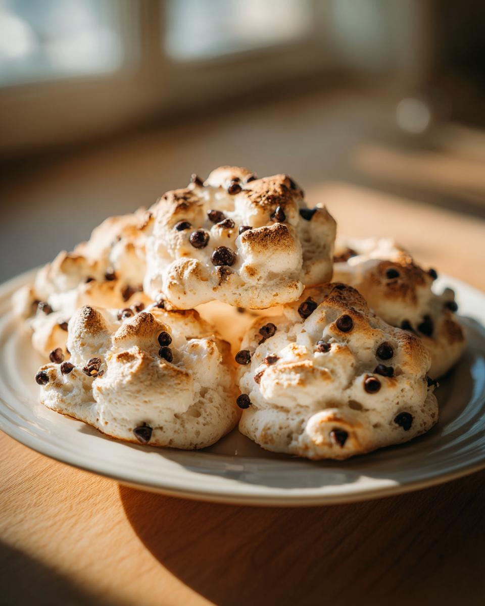 A stack of light, fluffy forgotten cookies dotted with mini chocolate chips, sitting on a plate.