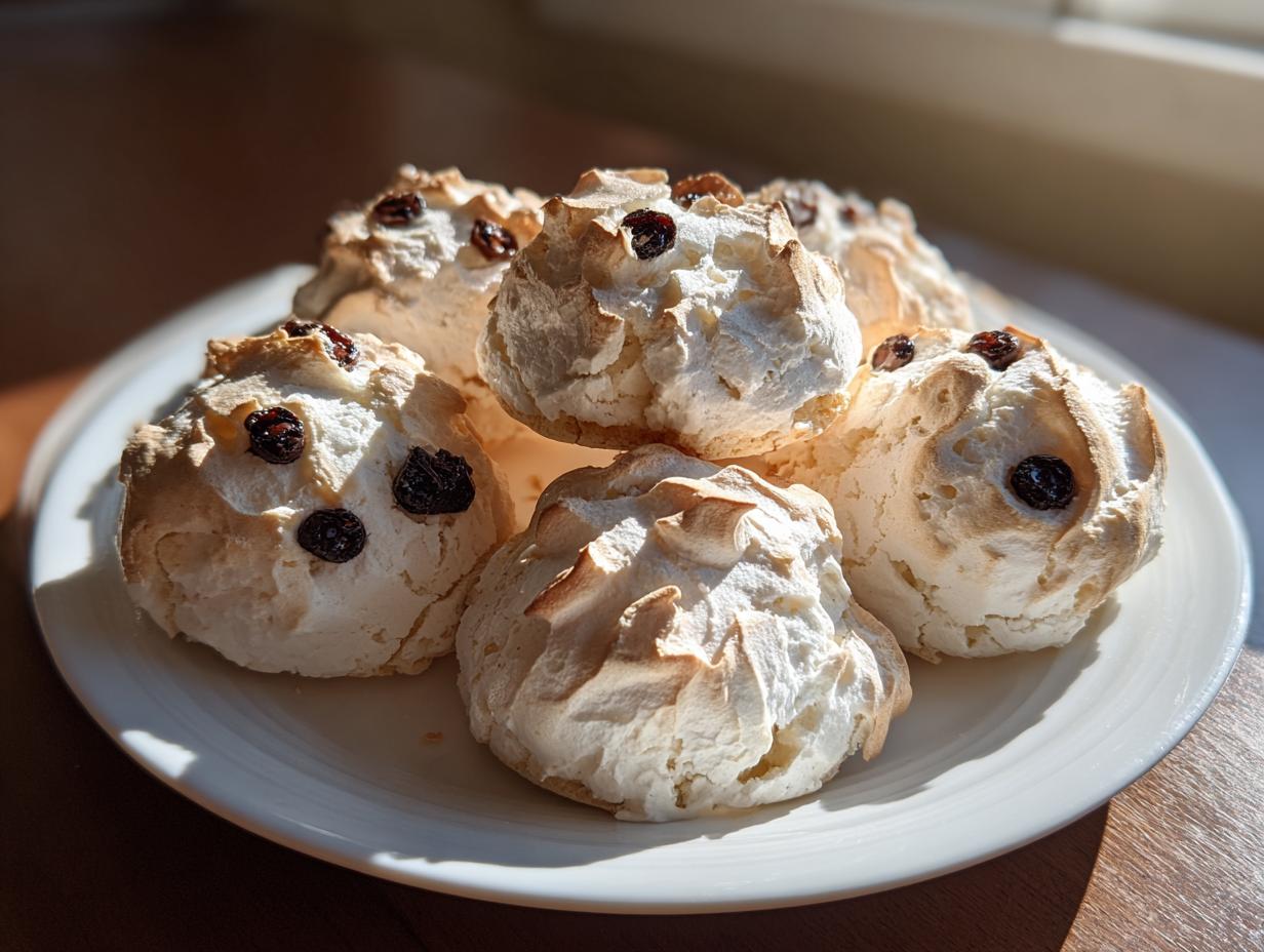 Close-up of several light, fluffy forgotten cookies made from meringue with dark raisins baked on top.