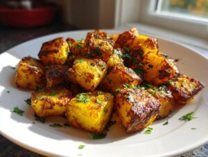 Close-up of perfectly browned and seasoned Mexican potatoes garnished with fresh parsley on a white plate.