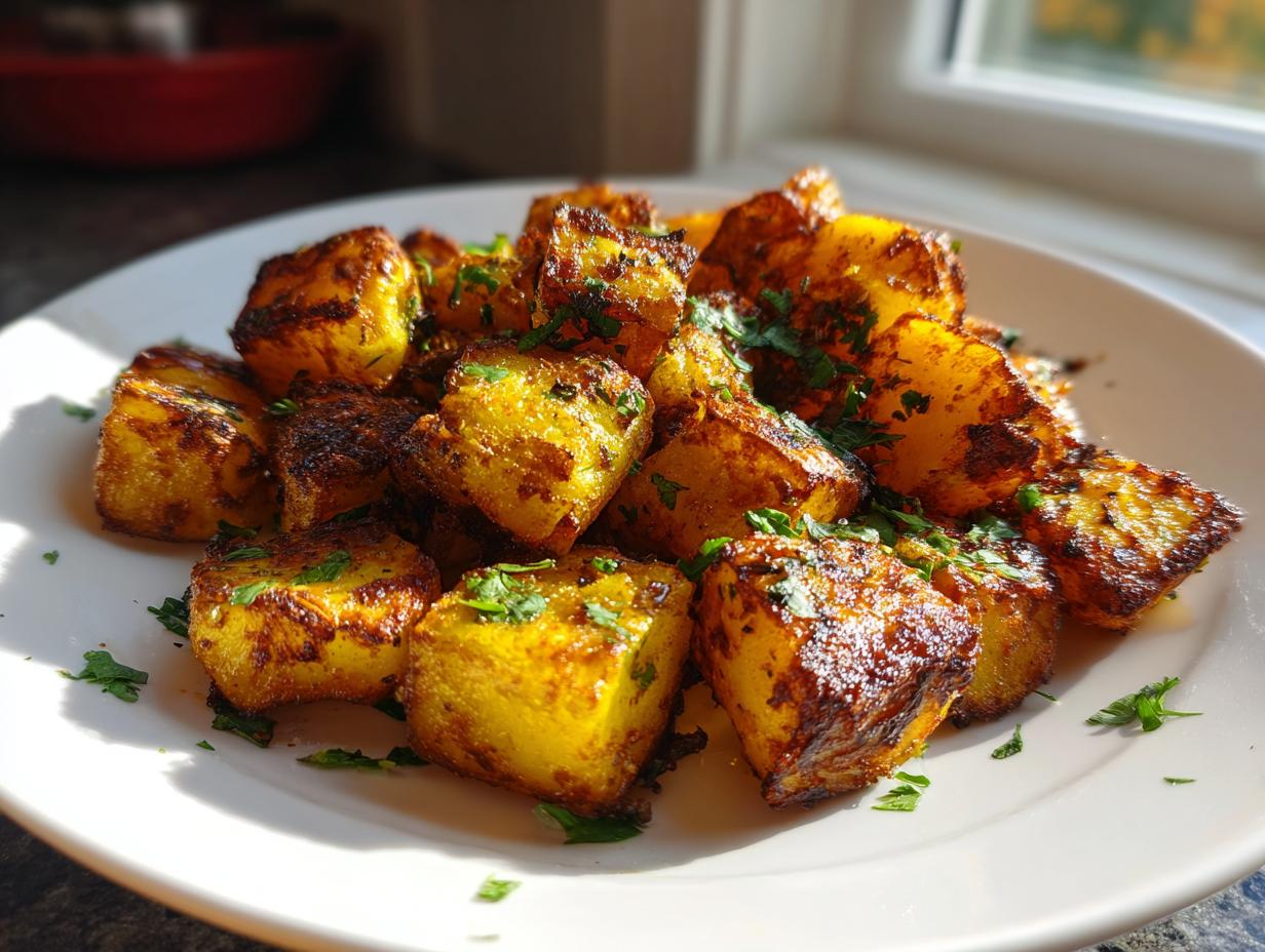 Close-up of perfectly browned and seasoned Mexican potatoes garnished with fresh parsley on a white plate.