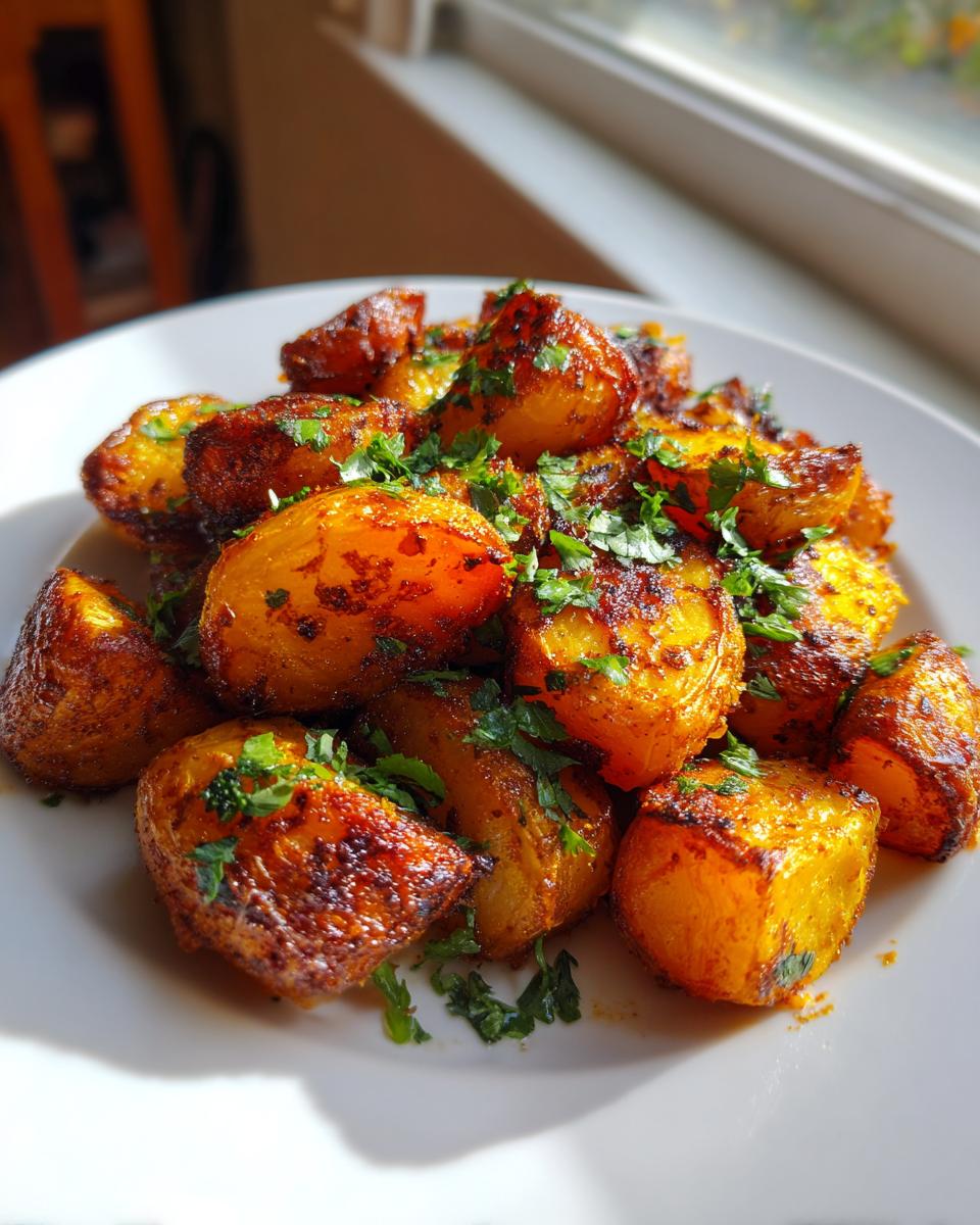 A close-up of perfectly roasted Mexican potatoes, seasoned and topped with fresh chopped cilantro or parsley.