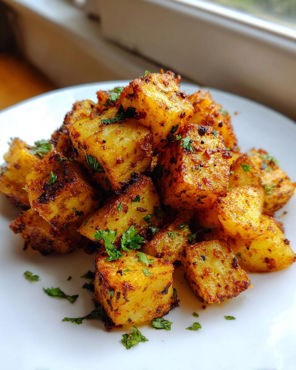A close-up of seasoned, cubed Mexican potatoes piled on a white plate and garnished with fresh cilantro.