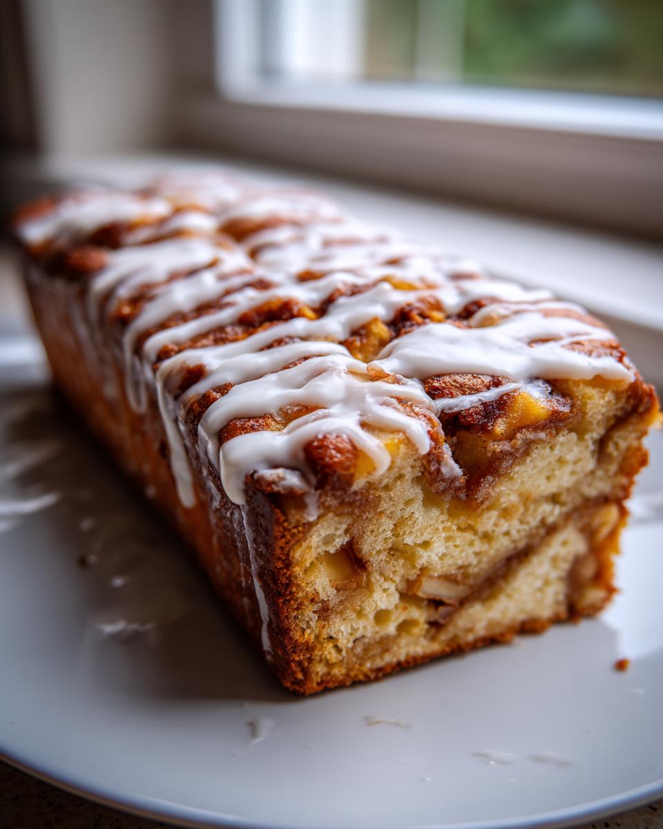 A close-up of a freshly baked apple fritter bread loaf drizzled heavily with white icing, sitting on a white plate.