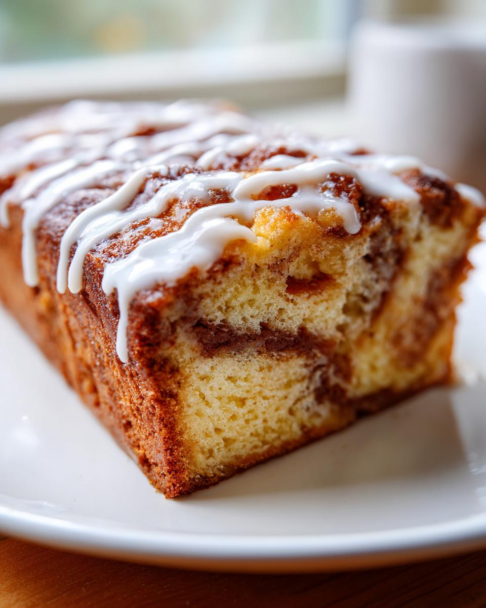 Close-up of a slice of moist apple fritter bread showing cinnamon swirls and white vanilla glaze.